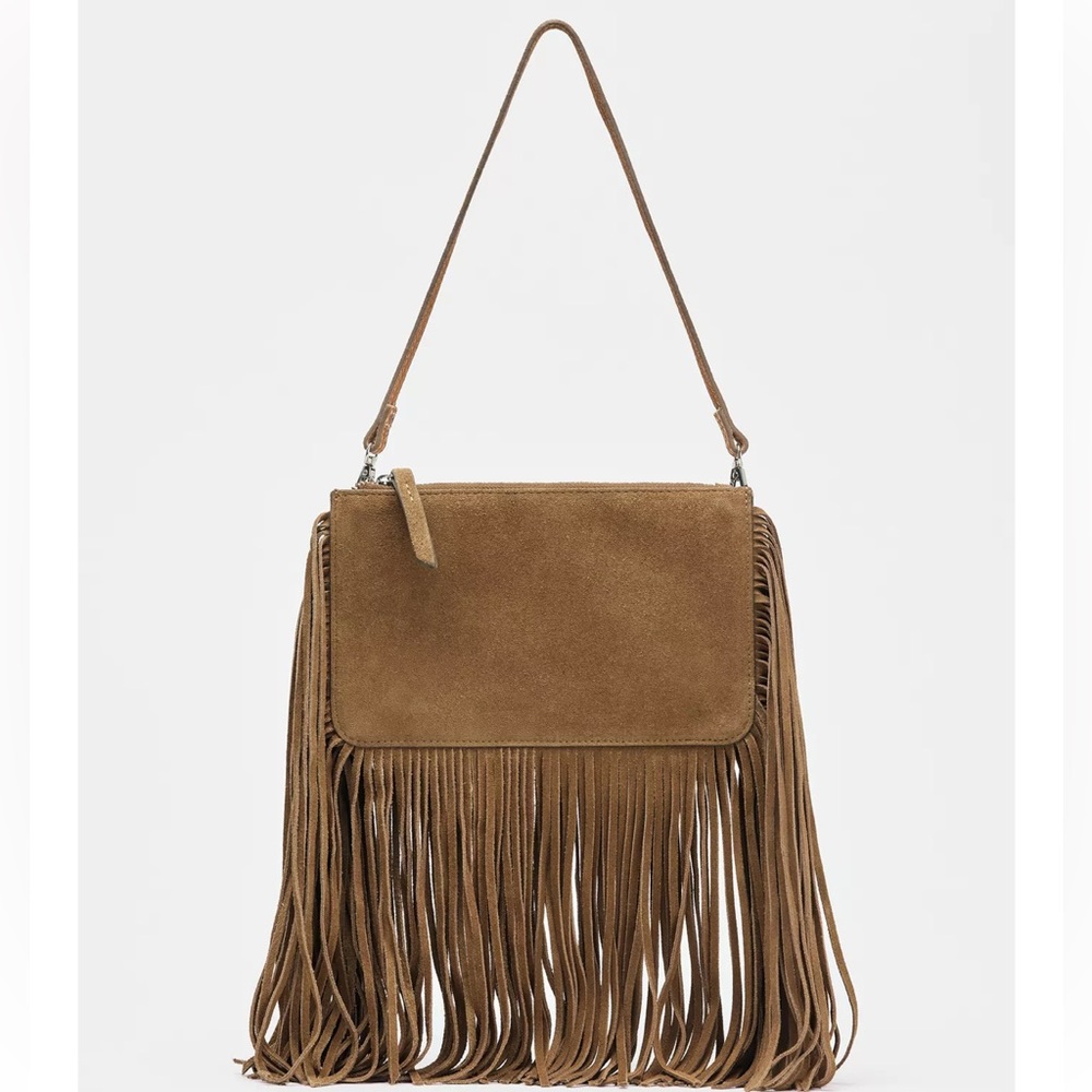 ZARA FRINGED SPLIT LEATHER MINI CROSSBODY BAG🤎